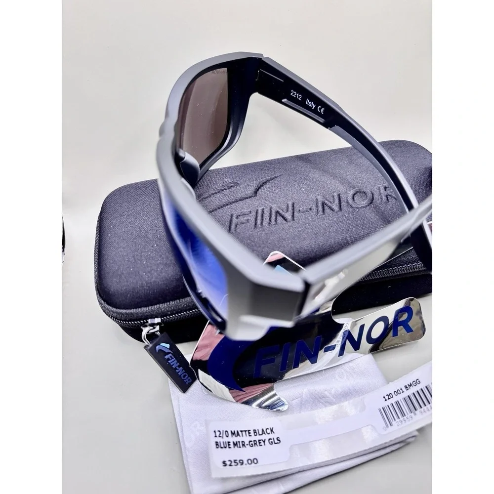 Authentic Fin-Nor 12/0‎ Sunglasses - Matte Black / Blue Mirror Grey Glass - NIB